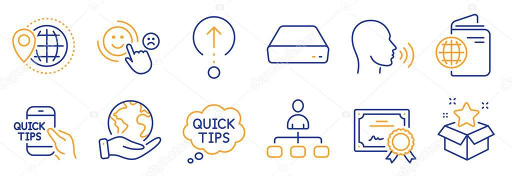 Set of Business icons, such as World travel, Human sing. Certificate, save planet. Loyalty program, Travel passport, Swipe up. Management, Customer satisfaction, Mini pc. Vector