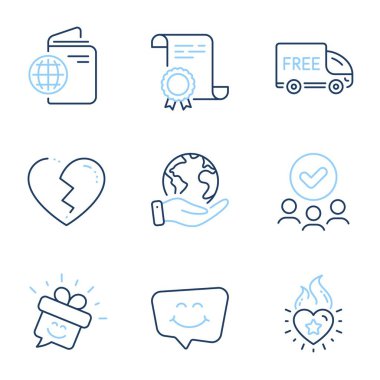 Bedava teslimat, kırık kalp ve alev çizgisi simgeleri ayarlandı. Diploma sertifikası, gezegeni kurtarmak, bir grup insan. Seyahat pasaportu, Gülümse ve Gülümse sohbet işaretleri. Alışveriş kamyonu, Love End, Love Fire. Vektör