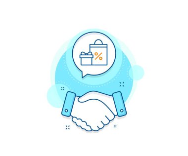 Hediye ya da indirim tabelası. Tokalaşma kompleksi simgesi. Alışveriş poşeti ikonlu hediye kutusu. İndirimli doğum günü alışverişi sembolü. Hediye paketinde paket var. Anlaşma el sıkışma afişi. Vektör