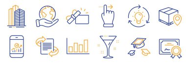 Smartphone istatistikleri, Dokunmatik ekran jestleri gibi iş simgeleri. Sertifika, gezegeni kurtar. Pazarlama, şapka fırlatma, şema raporu. Kokteyl, gökdelen binaları, fikir. Vektör