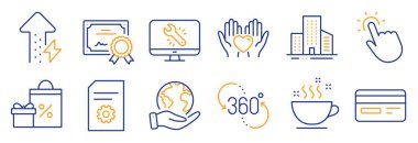 Dosya ayarları, binalar gibi iş simgeleri. Sertifika, gezegeni kurtar. 360 derece, alışveriş, kalbini tut. Monitör tamiri, enerji büyümesi, kahve fincanı. Vektör