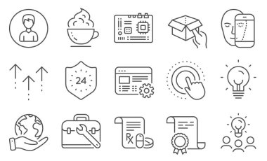 Swipe up, Face biometrics gibi iş simgeleri. Diploma, fikirler, gezegeni kurtarmak. 24 saat, bekleme kutusu, kahve fincanı. Kişi, Klik el, Web ayarları. Vektör