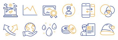 Euler diyagramı, telefon iletişimi gibi iş simgeleri. Sertifika, gezegeni kurtar. Noel Baba şapkası, yağmurlu hava, insan kaynakları. Çizgi çizelgesi, uçak yolculuğu, kavşak okları. Vektör