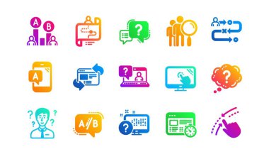 AB testi, yolculuk yolu haritası ve soru işareti. UX simgeleri. Sınav klasik simgesi seti. Gradyan desenler. Kalite işaretleri ayarlandı. Vektör