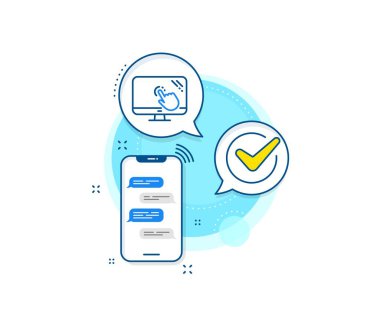 Çevrimiçi sınav tabelası. Telefon mesajları kompleks simgesi. Ekran çizgisi simgesine dokun. Haberci sohbet ekranı afişi. Ekran işaretine dokun. Vektör