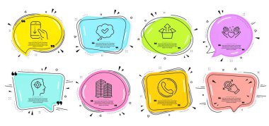 Aşağı in, kalbi tut ve dokunmatik jest işaretlerini tut. Tırnak içinde konuşma baloncukları. Gökdelen binaları, onaylandı ve kutu çizgisi simgeleri ayarlandı. İşe alım, Çağrı Merkezi sembolleri. Vektör