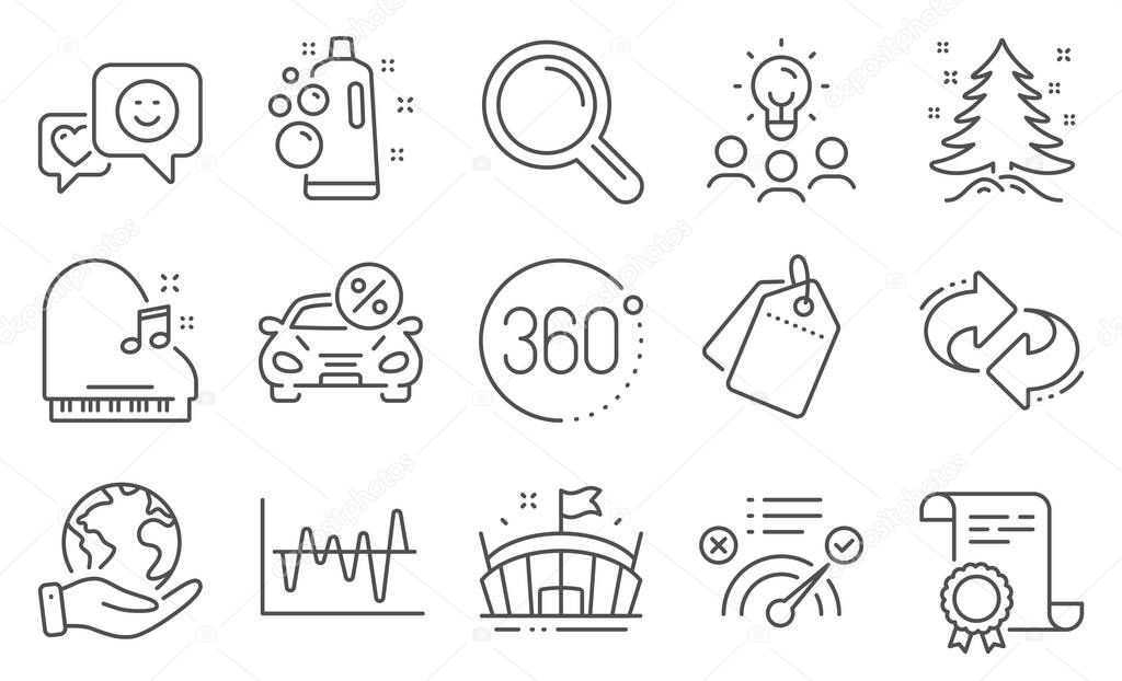 Set of Business icons, such as 360 degrees, Refresh. Diploma, ideas, save planet. Research, Sale tags, Clean bubbles. Christmas tree, Piano, Smile. Car leasing, Stock analysis, Arena. Vector