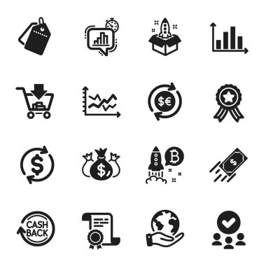 Finans simgeleri kümesi, Cashback, Bitcoin projesi gibi. Sertifika, onaylı grup, gezegeni kurtarma. Alışveriş, Usd takası, hızlı ödeme. Yatırım kontrolü, diyagram grafiği, istatistik zamanlayıcısı. Vektör