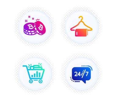 Temiz havlu, Bitcoin ve Seo alışveriş ikonları basit set. Yarım tonlu noktalı düğme. 7 / 24 hizmet işareti. Çamaşır askısı, kripto para, analitik. Destek çağır. İş seti. Vektör