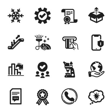 Hizmet, Kredi kartı gibi bir dizi teknoloji ikonu. Sertifika, onaylı grup, gezegeni kurtarma. Enerji, azalan grafik, akıllı telefon koruması. Yorumlar, Çağrı Merkezi, Mikroskop. Vektör