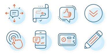 Kalem, kasa ve benzeri işaretler. SMS, Hedef Yolu ve Smartphone bildirim hattı simgeleri ayarlandı. Aşağı in, klik sembolleri. Sohbet, iş amaçlı. Teknoloji hazır. Taslak simgeleri ayarlandı. Vektör