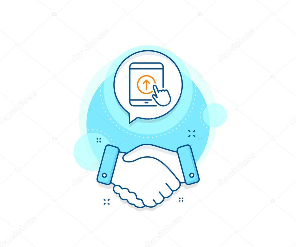 Scrolling arrow sign. Handshake deal complex icon. Swipe up tablet pc line icon. Landing page scroll symbol. Agreement shaking hands banner. Swipe up sign. Vector