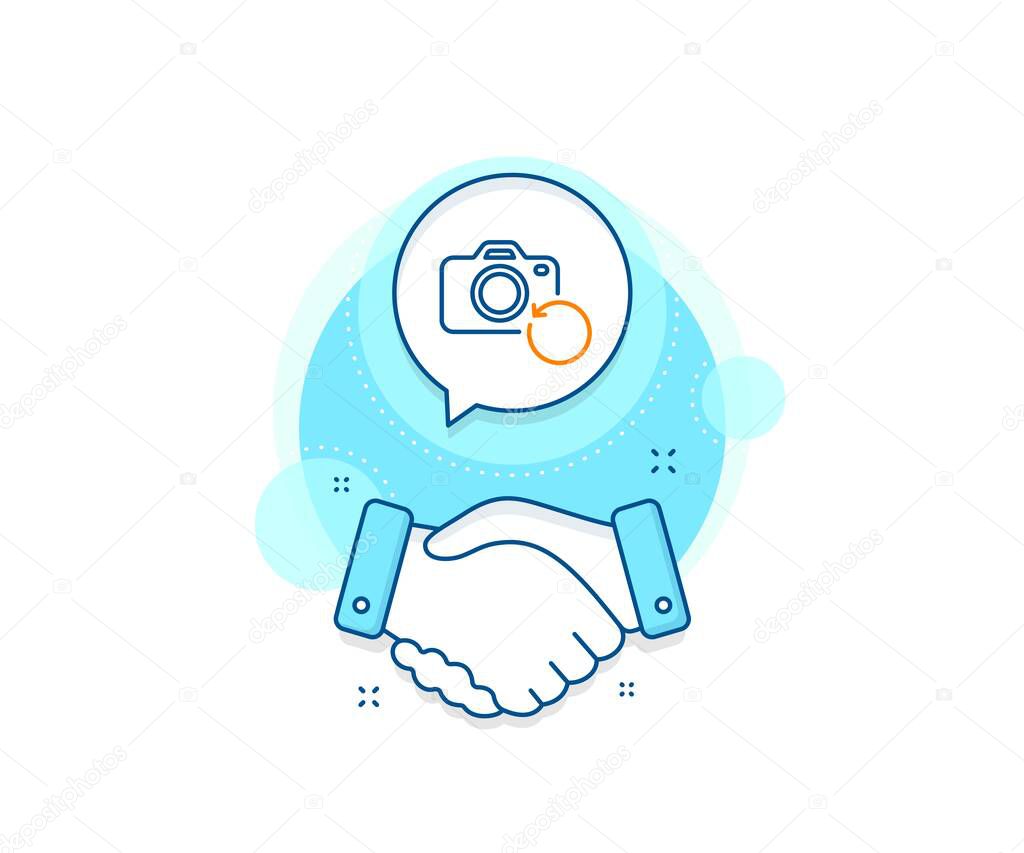 Backup data sign. Handshake deal complex icon. Recovery photo camera line icon. Restore information symbol. Agreement shaking hands banner. Recovery photo sign. Vector