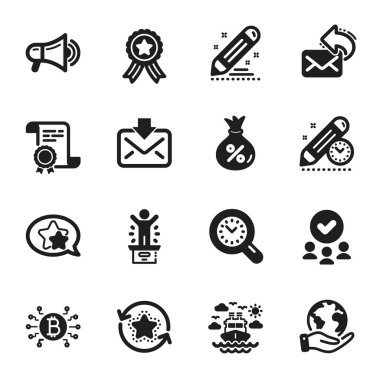 Sadakat puanları, posta paylaşımı gibi iş simgeleri. Sertifika, onaylı grup, gezegeni kurtarma. Kredi, zaman yönetimi, megafon. Posta geliyor, Kazanan podyum, Yıldız. Vektör
