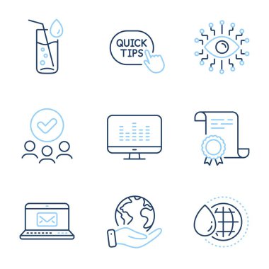 Su bardağı, Dünya suyu ve müzik çizgi simgeleri oluşturur. Diploma sertifikası, gezegeni kurtarmak, bir grup insan. E-posta, yapay zeka ve hızlı ipuçları. Soda, Aqua drop, DJ uygulaması. Vektör