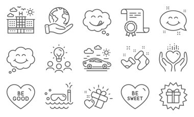 Heart Hold Heart gibi bir dizi tatil ikonu, uslu durun. Diploma, fikirler, gezegeni kurtarmak. Noel Baba botları, otel, gülümseme sohbeti. Tatlı ol, aşk hediyesi, tatlı gülümseme. Vektör