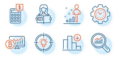 Hesap makinesi, istatistik ve fikir tabelaları. Bitcoin şeması, Veri analizi ve azalan grafik çizgisi simgeleri ayarlandı. Zaman yönetimi, kadın sembolleri okur. Kripto para istatistikleri, büyüteç. Vektör
