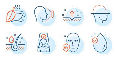 Yüz tanıma, cilt temizliği ve göz doktoru tabelaları. UV koruması, serum yağı ve nane çayı ikonları hazır. E vitamini, yüz tarama sembolleri. Ultraviyole, sağlıklı saçlar. Tıbbi set. Taslak simgeleri ayarlandı. Vektör