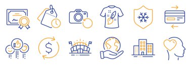 Set of Business icons, such as Sports arena, Time management. Certificate, save planet. Clean skin, Like, Buildings. T-shirt design, Friend, Dollar exchange. Vector clipart