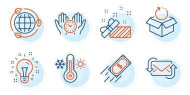 Geri dönüş paketi, fikir ve eko enerji işaretleri. Güvenli zaman, postayı yenile ve hızlı ödeme çizgisi simgeleri ayarlandı. Termometre, mevcut semboller. Yönetim, yeni e-posta. İş seti. Taslak simgeleri ayarlandı. Vektör
