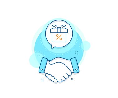 Hediye ya da indirim tabelası. Tokalaşma kompleksi simgesi. Yüzdelik çizgi simgesi olan hediye kutusu. Doğum günü alışveriş sembolü. Hediye paketinde paket var. Anlaşma el sıkışma afişi. İndirim belgesi. Vektör