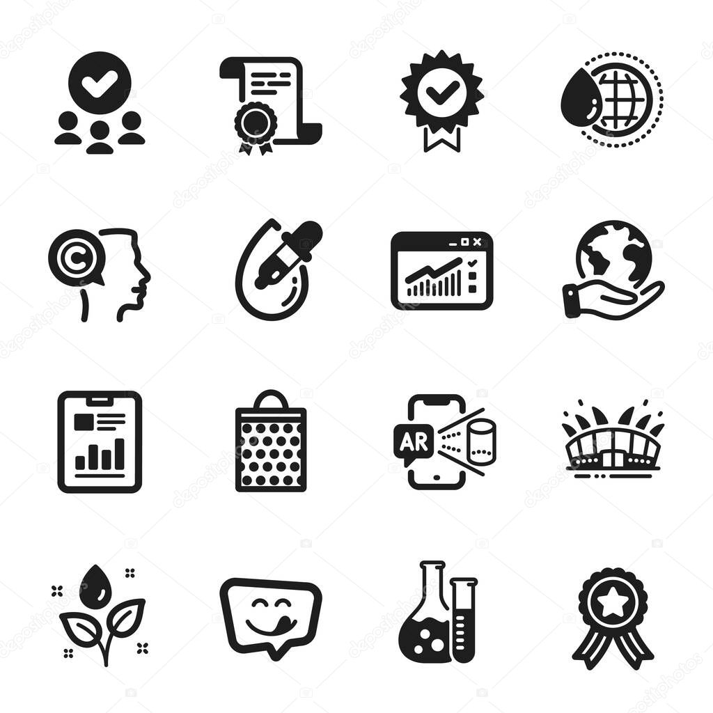 Set of Business icons, such as World water, Yummy smile. Certificate, approved group, save planet. Eye drops, Writer, Web traffic. Arena stadium, Shopping bag, Certificate. Vector