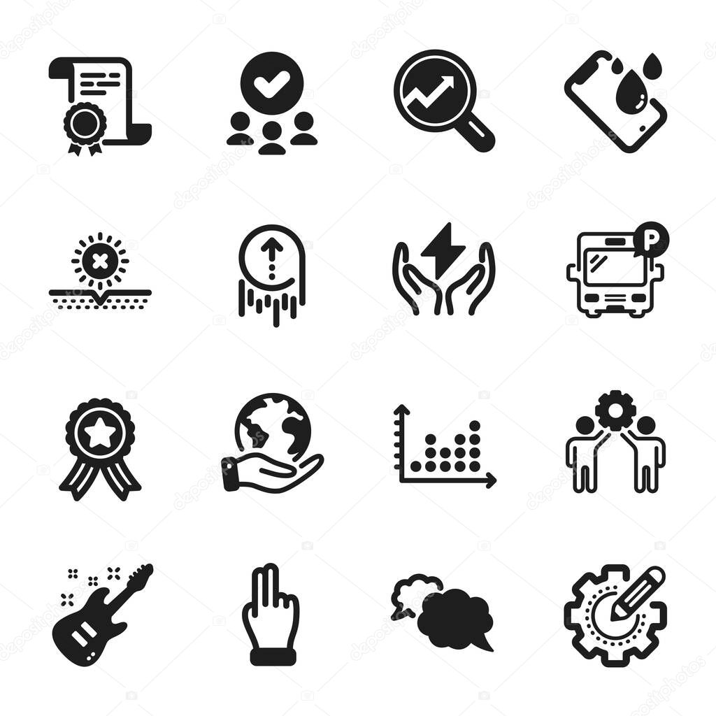 Set of Business icons, such as Employees teamwork, Click hand. Certificate, approved group, save planet. Messenger, Electric guitar, No sun. Dot plot, Settings gear, Analytics. Vector