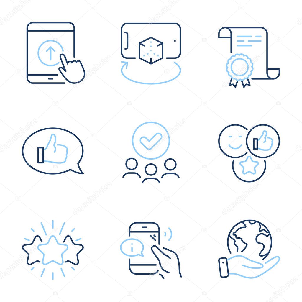 Augmented reality, Feedback and Star line icons set. Diploma certificate, save planet, group of people. Call center, Like and Swipe up signs. Phone simulation, Speech bubble, Customer feedback. Vector