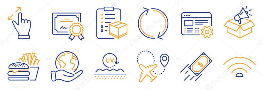 Set of Business icons, such as Wifi, Refresh. Certificate, save planet. Touchscreen gesture, Parcel checklist, Web settings. Uv protection, Burger, Airplane. Vector