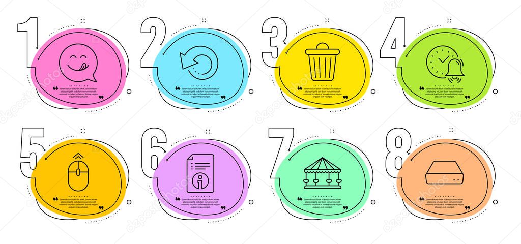 Recovery data, Swipe up and Mini pc signs. Timeline steps infographic. Carousels, Trash bin and Technical info line icons set. Alarm bell, Yummy smile symbols. Attraction park, Garbage. Vector