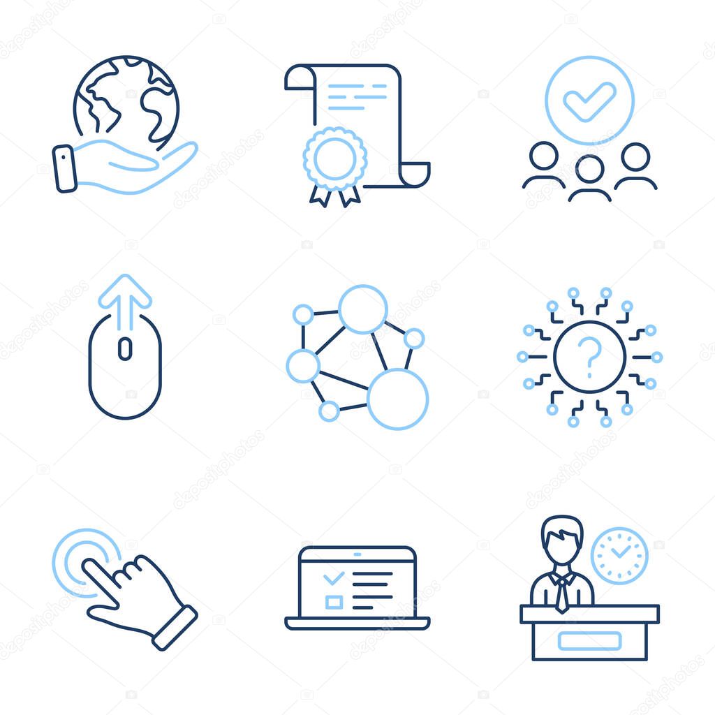 Integrity, Swipe up and Presentation time line icons set. Diploma certificate, save planet, group of people. Touchscreen gesture, Question mark and Web lectures signs. Vector