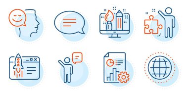 Strateji, Ajan ve İş İşaretleri. Yaratıcı tasarım, Rapor ve Küre çizgi simgeleri ayarlandı. İyi ruh hali, Sohbet sembolleri. Tasarımcı, sunum belgesi. Eğitim ayarlandı. Taslak simgeleri ayarlandı. Vektör