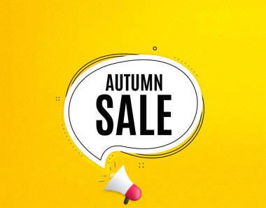 Sonbahar Satışı. Sohbet balonlu megafon pankartı. Özel fiyat tabelası. Reklam indirimi sembolü. Hoparlörlü konuşma balonu. Sonbahar tanıtım metni. Sosyal medya afişi. Vektör