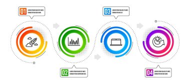 Paylaşım fikri, Satır grafiği ve dizüstü bilgisayar satırı simgeleri ayarlandı. Bilgisel zaman çizelgesi. Ateşleme roketi işareti. Çözüm, pazar şeması, mobil bilgisayar. İş yeniliği. Eğitim ayarlandı. Vektör
