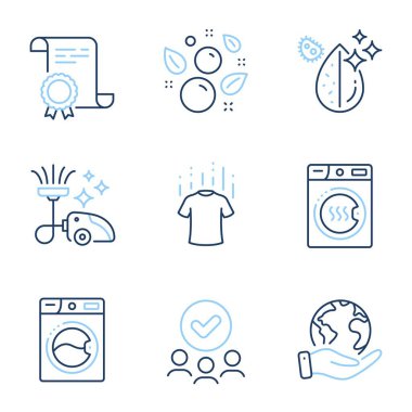 Kurutma makinesi, çamaşır makinesi ve Temiz Baloncuk Hattı simgeleri ayarlandı. Diploma sertifikası, gezegeni kurtarmak, bir grup insan. Kuru tişört, elektrikli süpürge ve kirli su tabelaları. Vektör