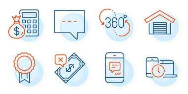 Ödül, reddedilmiş ödeme ve günlük yazıları. Zaman yönetimi, 360 derece ve Finans hesap makinesi çizgisi simgeleri ayarlandı. Mesaj, otopark sembolleri. Dizüstü bilgisayar cihazı, sanal gerçeklik. İş seti. Vektör