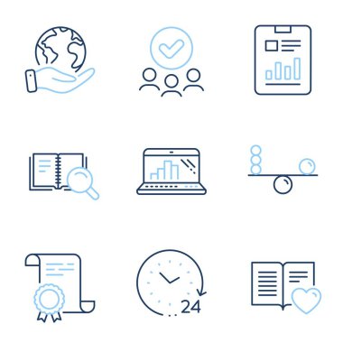 Arama kitabı, Denge ve Aşk çizgi simgeleri ayarlandı. Diploma sertifikası, gezegeni kurtarmak, bir grup insan. Grafik dizüstü bilgisayar, rapor belgesi ve 24 saat işaretleri. Vektör