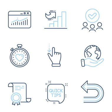 Kalp atışı zamanlayıcısı, dokunmatik ekran jesti ve büyüme çizelgesi simgeleri ayarlandı. Diploma sertifikası, gezegeni kurtarmak, bir grup insan. Hızlı ipuçları, geri al ve web sitesi istatistikleri. Vektör