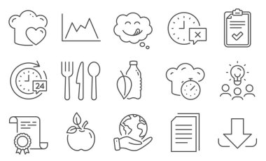 Bir dizi iş ikonu, leziz gülümseme, diyagram gibi. Diploma, fikirler, gezegeni kurtarmak. Su şişesi, eko yemek, kontrol listesi. Zaman, İndirme, Yemek. Dosyaları kopyala, 24 saat teslimat, aşçılık. Vektör