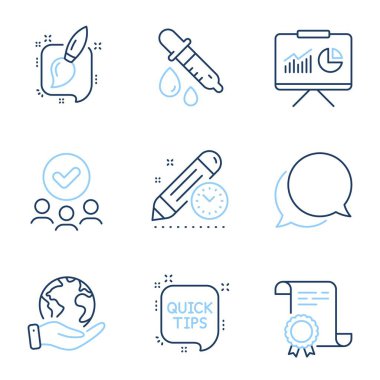 Kimya pipeti, Sunum ve Proje bitiş tarihi simgeleri ayarlandı. Diploma sertifikası, gezegeni kurtarmak, bir grup insan. Hızlı ipuçları, boya fırçası ve sohbet mesajı işaretleri. Vektör