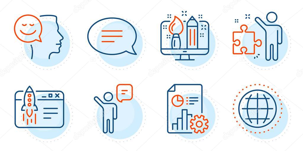 Strategy, Agent and Start business signs. Creative design, Report and Globe line icons set. Good mood, Chat symbols. Designer, Presentation document. Education set. Outline icons set. Vector