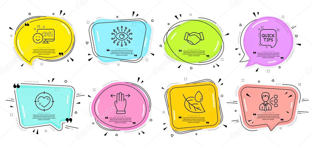 Smile, Heart target and Quick tips signs. Speech bubbles with quotes. Artificial intelligence, Third party and Multitasking gesture line icons set. Leaf dew, Handshake symbols. Vector