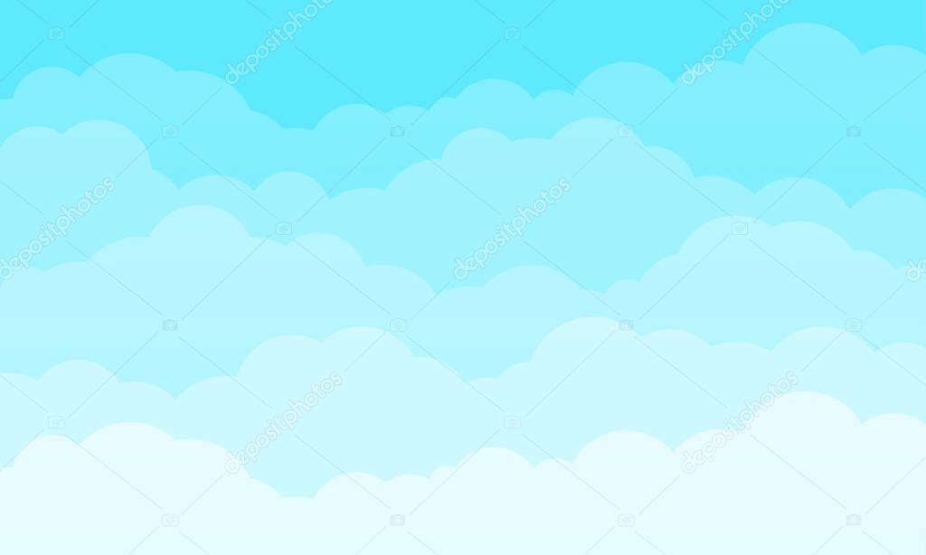 Cloud sky cartoon vector background. Blue sky with fluffy clouds pattern. Cartoon spring cloudscape panorama. Abstract vector background. Flat summer poster or flyer. Cloudy overcast weather.