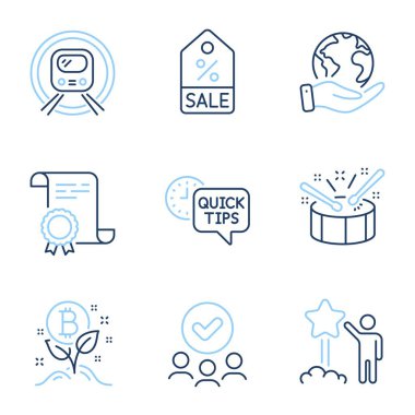 Bitcoin projesi, hızlı ipuçları ve Yıldız çizgisi simgeleri ayarlandı. Diploma sertifikası, gezegeni kurtarmak, bir grup insan. İndirim kuponu, davul ve metro tabelası. Vektör