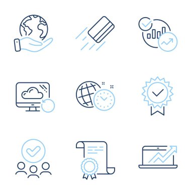 Toparlanma Bulutu, Sertifika ve Zaman yönetim çizgisi simgeleri ayarlandı. Diploma sertifikası, gezegeni kurtarmak, bir grup insan. Kredi kartı, satış şeması ve istatistik tabelaları. Vektör