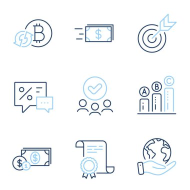 İndirim, Hedef ve Dolar para çizgisi simgeleri ayarlandı. Diploma sertifikası, gezegeni kurtarmak, bir grup insan. Para transferi, bitcoin yenileme ve grafik tabelaları. Vektör