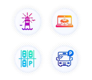 Park yeri, Deniz feneri ve çevrimiçi dağıtım ikonları basit set. Yarım tonlu noktalı düğme. Otobüs park tabelası. Ulaşım, seyir feneri, paket izleme sitesi. Halk parkı. Vektör