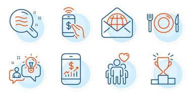 Telefon ödemesi, fikir ve kazanan podyum tabelaları. Mobil finans, web postaları ve arkadaşlık hattı simgeleri ayarlandı. Deri durumu, gıda sembolleri. Telefon muhasebe, dünya iletişimi. İş seti. Vektör