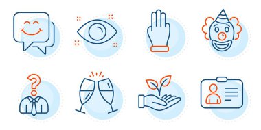 Champagne glasses, Id card and Helping hand signs. Three fingers, Health eye and Smile face line icons set. Hiring employees, Clown symbols. Click palm, Optometry. People set. Vector clipart