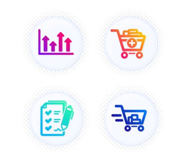 Ürünler, Üst oklar ve Gözlem Listesi simgeleri basit küme ekle. Yarım tonlu noktalı düğme. Alışveriş arabası tabelası. Alışveriş arabası, büyüme bilgi tablosu, rapor. İnternetten satın alma. Finans hazır. Vektör